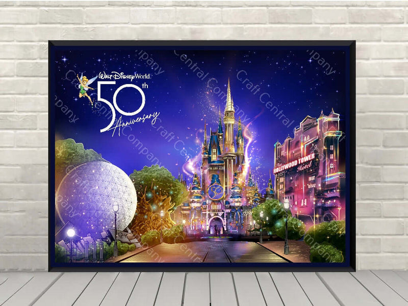 Disney 50th Anniversary Poster Disney World Four parks Attraction Poster Enchantment Magic Kingdom, Epcot, Hollywood Studios, Animal Kingdom Disney 50th Anniversary Poster Disney World...