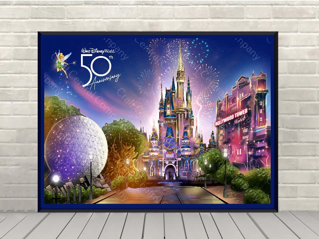 Disney 50th Anniversary Poster Four Parks Disney Attraction Poster Enchantment Fireworks Magic Kingdom, Epcot, Hollywood Studios, Animal Kingdom Disney 50th Anniversary Poster Four Parks...