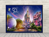 Disney 50th Anniversary Poster Four Parks Disney Attraction Poster Enchantment Fireworks Magic Kingdom, Epcot, Hollywood Studios, Animal Kingdom